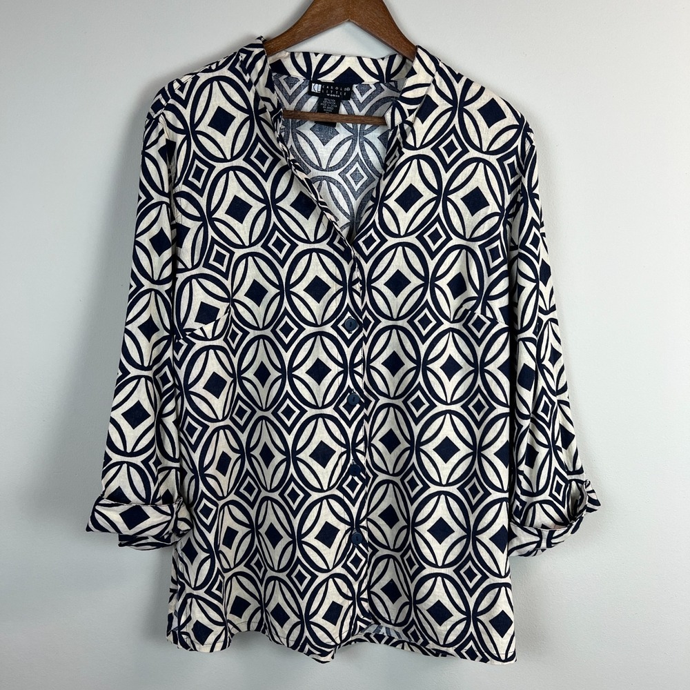 Carole Little Blouse Top Womens 1X Black Geometric Linen Button Up 3/4 Lagenlook